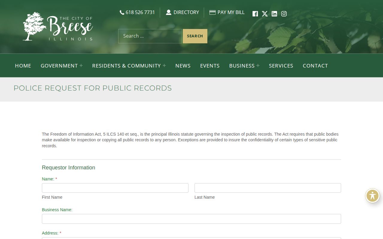 Breese Illinois public-record request form for police arrest records