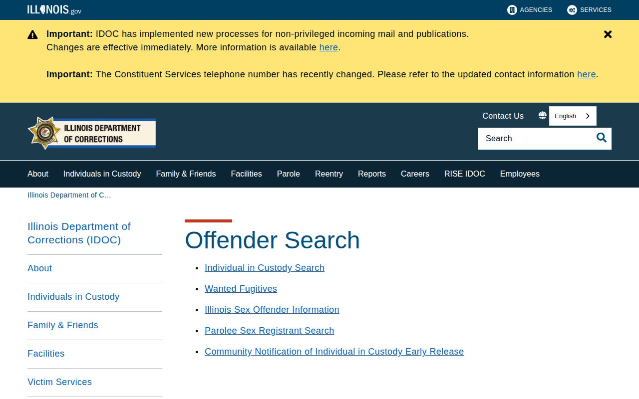 Illinois Department of Corrections offender search for sentenced custody records